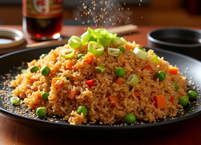 1_Mouth-watering Benihana-style fried rice with peas, carrots, and spring onions on a black plate.