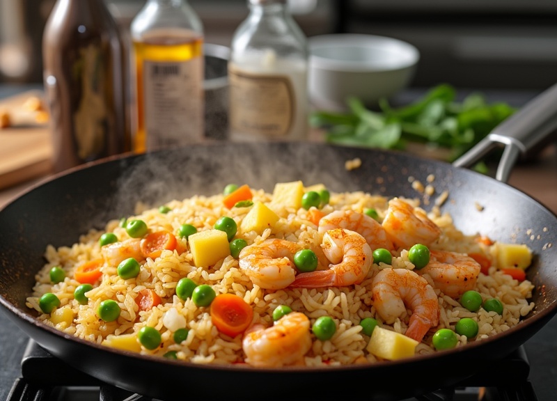 2_Benihana-style fried rice with shrimp, peas, carrots, and pineapple in a frying pan.