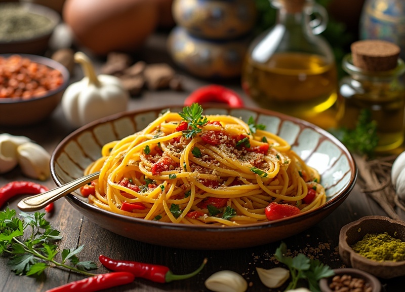 1_Authentic Turkish pasta dish with spaghetti, tomatoes, herbs, and spices.