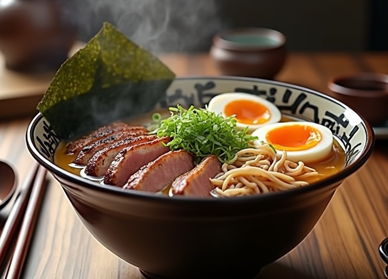 1_A bowl of ramen with roasted pork belly, soft-boiled egg, and green onions.