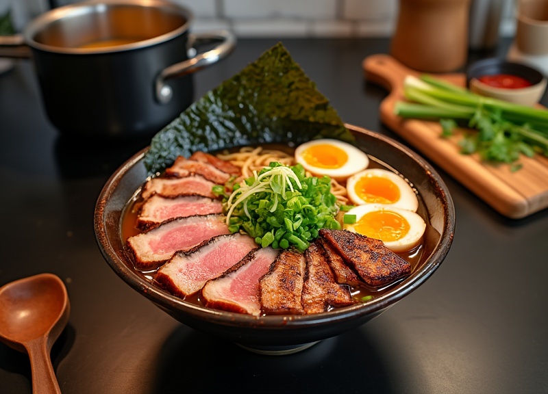 2_Delicious ramen with chashu pork, beef brisket, and chicken thighs.