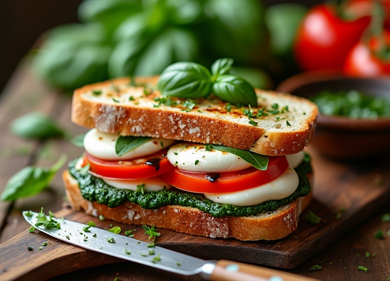 1_Freshly assembled Caprese pesto sandwich with tomatoes, mozzarella, and basil.