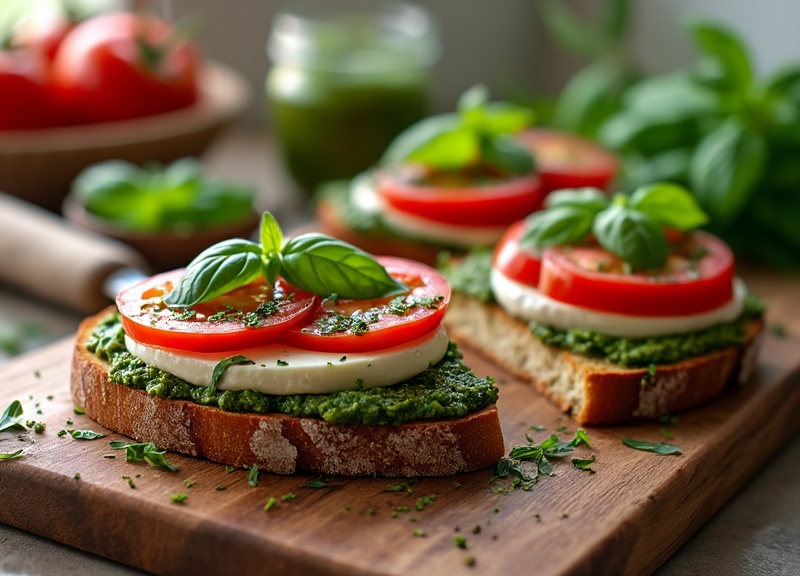 2_Trio of Caprese pesto sandwiches on whole grain bread with mozzarella, tomatoes, and fresh basil.