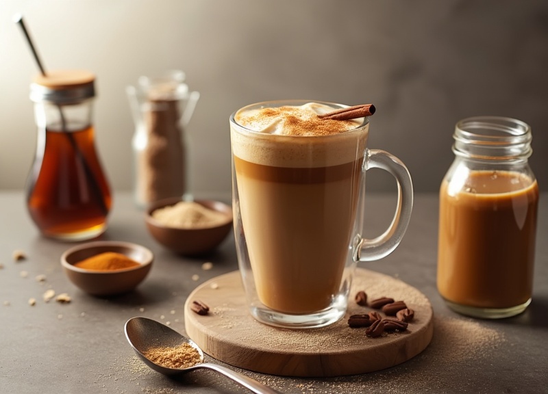 1_Caramel Brown Sugar Espresso with creamy layers in a glass mug, featuring cinnamon stick and caramel sauce.