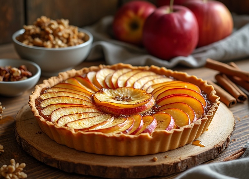 1_Caramelized apple tart with glossy apples, cinnamon sticks on rustic board.