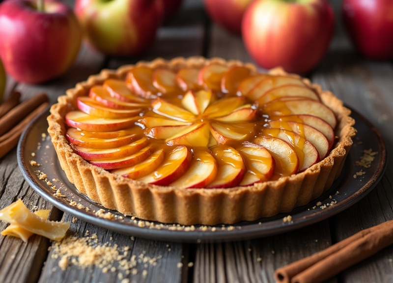 2_Homemade caramelized apple tart with red apples on a wooden table.