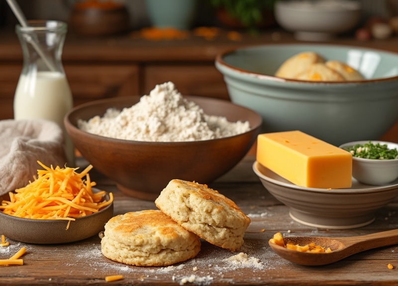 1_Fresh cheddar cheese biscuits, grated cheese, flour, risen dough, herbs, milk.