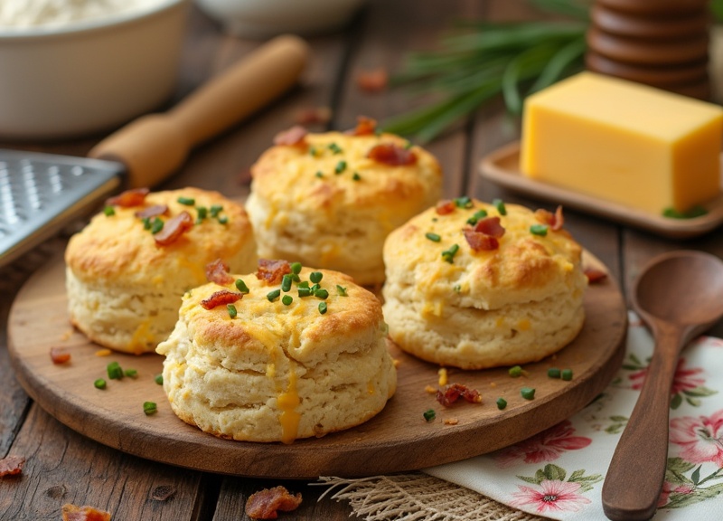 2_Freshly baked cheddar cheese biscuits with melted cheese and bacon bits.