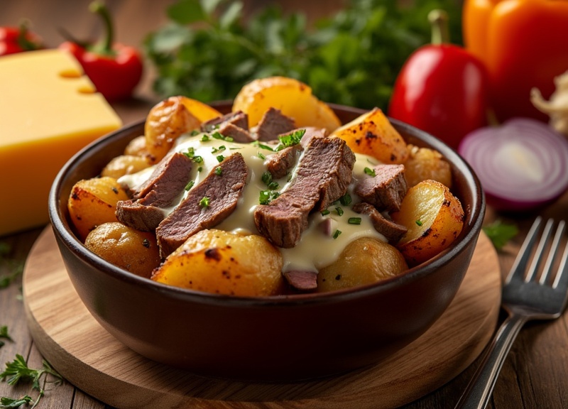 1_Cheesesteak potato bowl with golden-browned baby potatoes, steak, cheese sauce.