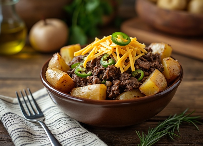 2_Cheesesteak Potato Bowl with cheddar, jalapeño on wooden table.