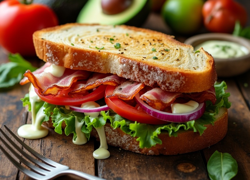 2_Classic BLT sandwich with garlic aioli, bacon, lettuce, tomato, and onion.