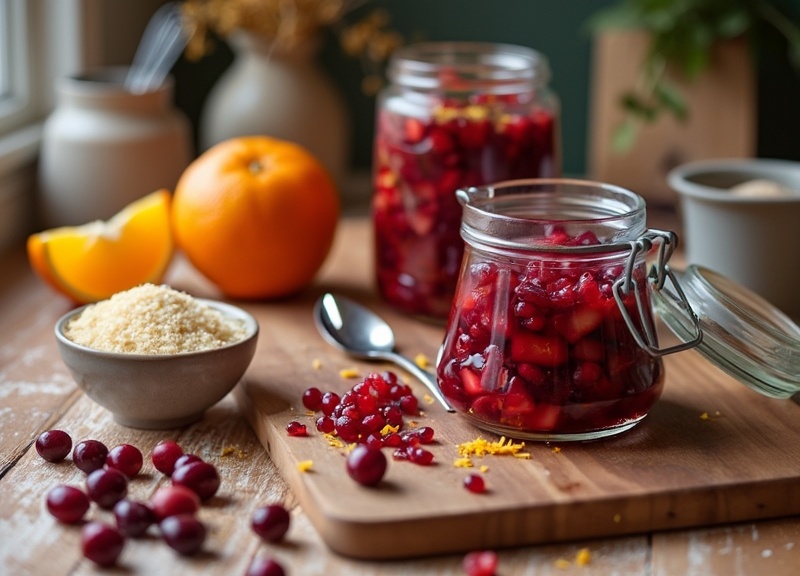 1_Fresh cranberry orange relish with silver clamp jar on wooden board.