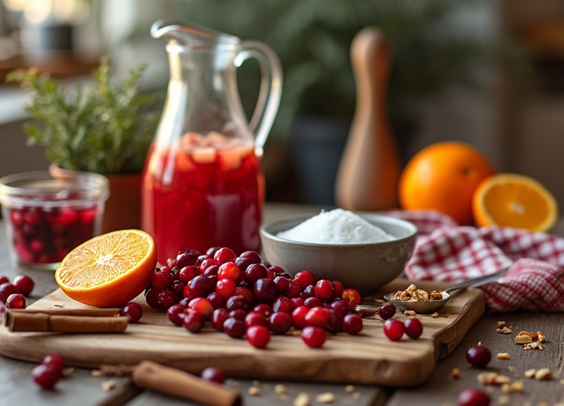 1_Vibrant image of cranberry relish and sauce ingredients on a kitchen backdrop.