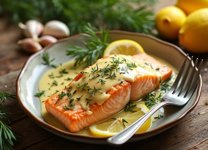 1_Succulent salmon with creamy lemon garlic sauce, garnished with dill.