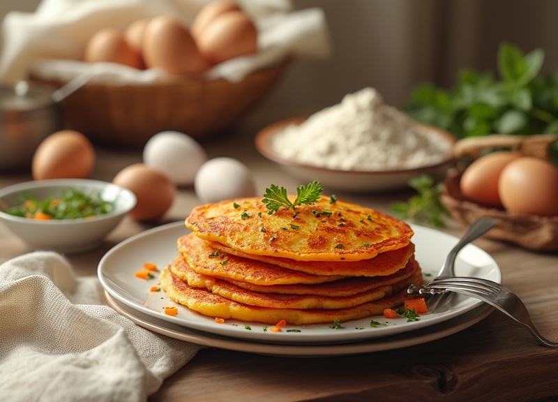 1_Stack of golden carrot potato pancakes garnished with parsley and diced carrots.