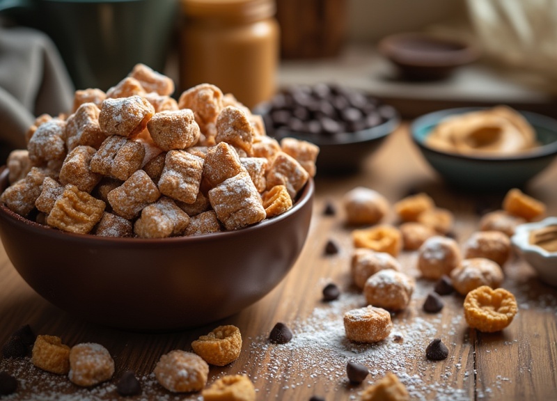 1_Bowl of Muddy Buddies, dusted with powdered sugar and surrounded by ingredients like chocolate chips and peanut butter.