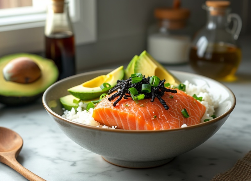 1_Salmon Avocado Rice Bowl with vibrant salmon, creamy avocado slices, topped with green onions and sesame seeds.