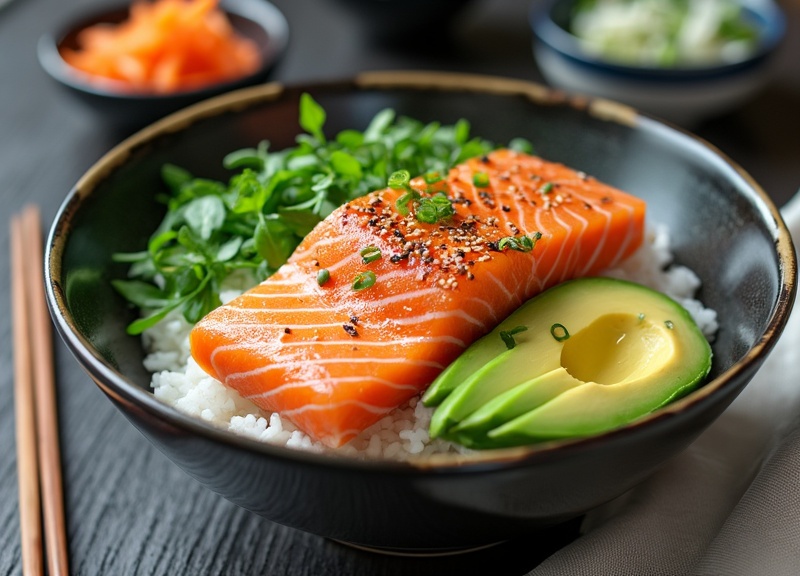 2_Salmon avocado rice bowl with sesame seeds, green onions, and ripe avocado.