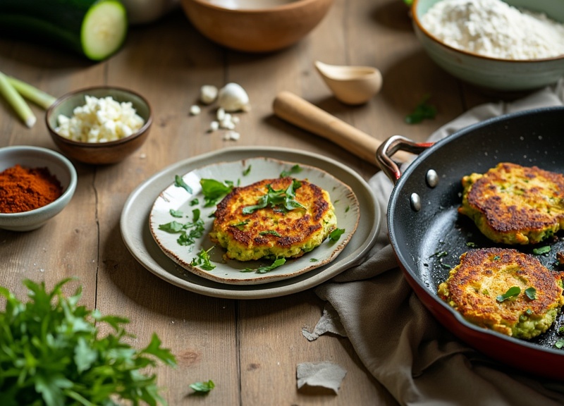 1_Golden-brown spicy zucchini fritters with herbs on a plate in a rustic kitchen.