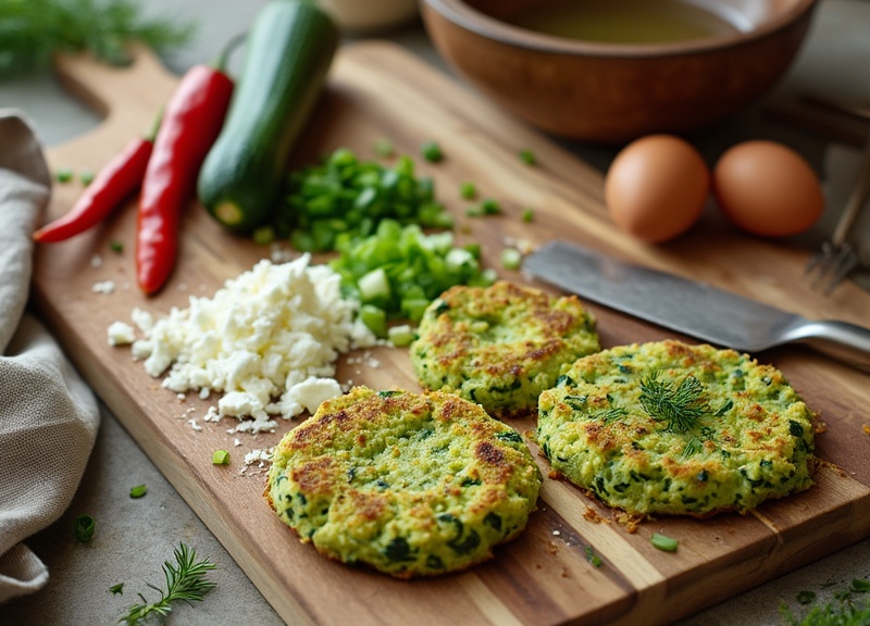 2_Freshly made spicy zucchini fritters with green herbs, crumbled feta, and red chilies.