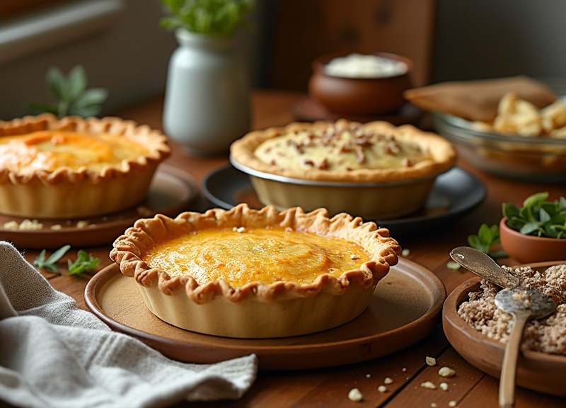 1_Three delectable vegan pies with golden flaky crusts on rustic plates.