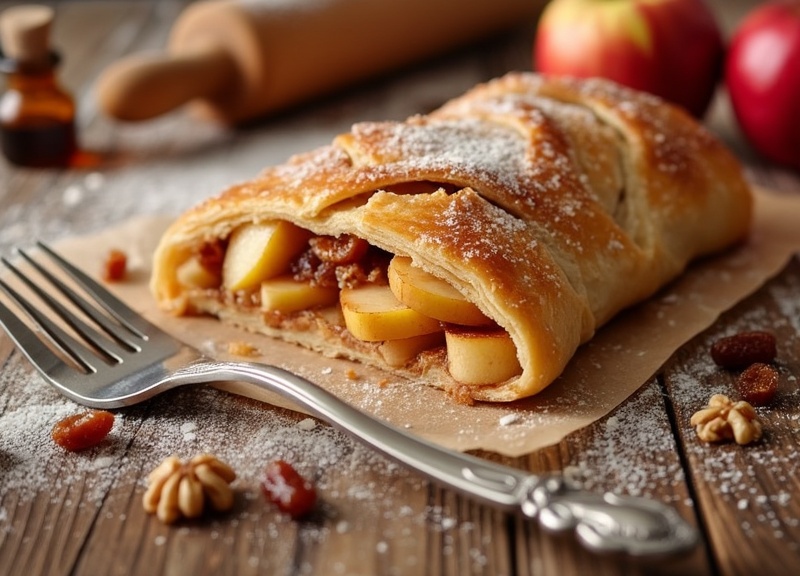 1_Golden apple cinnamon strudel with sugar, raisins and walnuts.