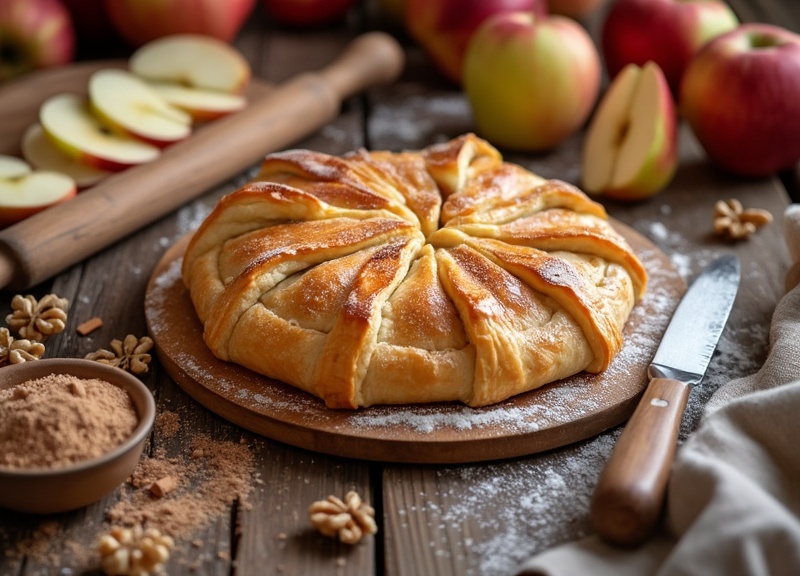 2_Freshly baked apple cinnamon strudel with apples and walnuts in a rustic kitchen.