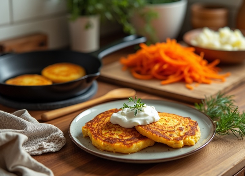 2_Homemade carrot potato pancakes with sour cream and dill on a plate.