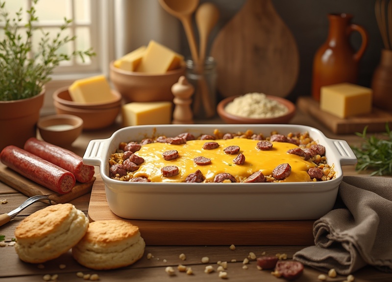 1_Freshly baked cheesy sausage gravy bake in a ceramic dish with cheese and sausages.