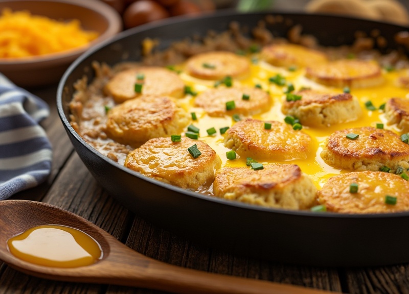 2_Golden-brown biscuits with cheesy sausage gravy in a skillet.