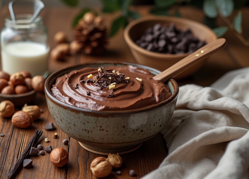 1_Delectable bowl of chocolate hazelnut dip with garnishes.