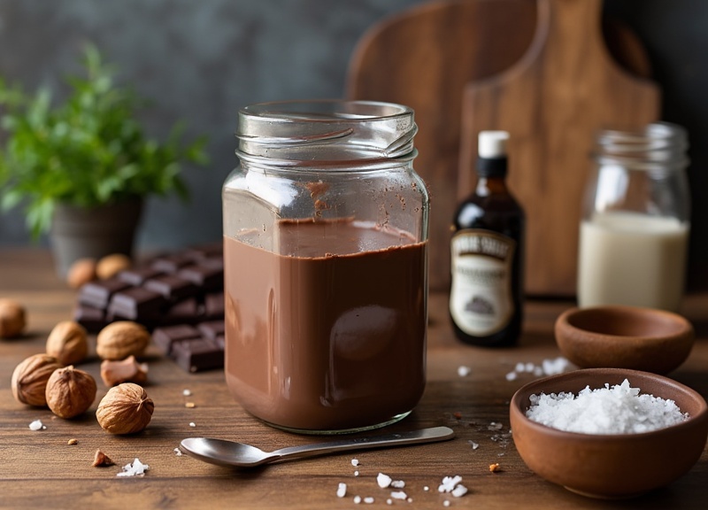 2_Open jar of chocolate hazelnut dip with hazelnuts and chocolate around.