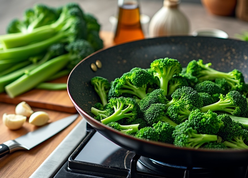 1_Stir-fried Chinese broccoli in a black pan with garlic and oil.