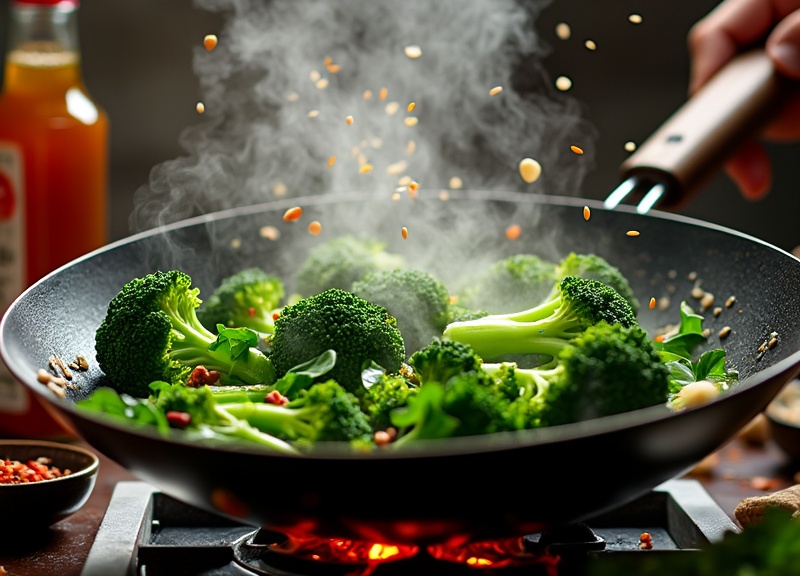 2_Bright green broccoli florets sizzle in wok, cooked for recipe