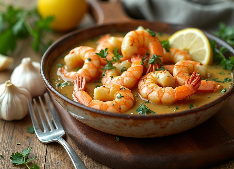 1_Bowl of creamy garlic prawns with diced potatoes and parsley.