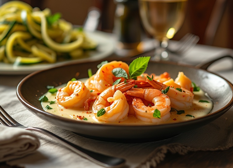 2_Succulent prawns in creamy garlic sauce on a ceramic plate.