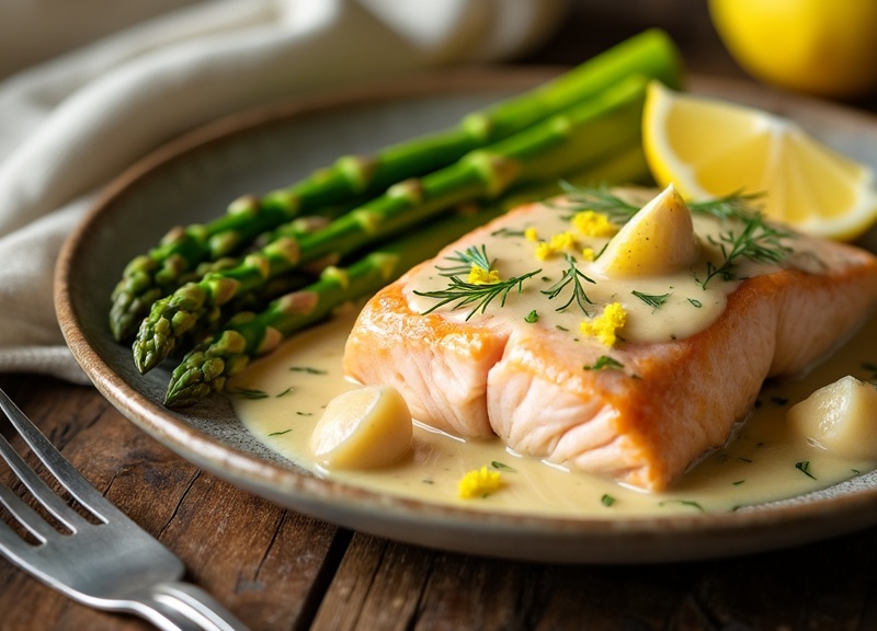 2_Creamy Lemon Garlic Salmon with asparagus in a ceramic dish.