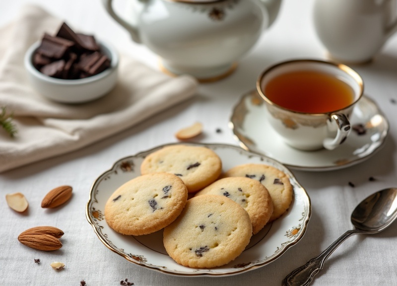 1_Earl Grey cookies with dark chocolate and tea on a vintage plate.