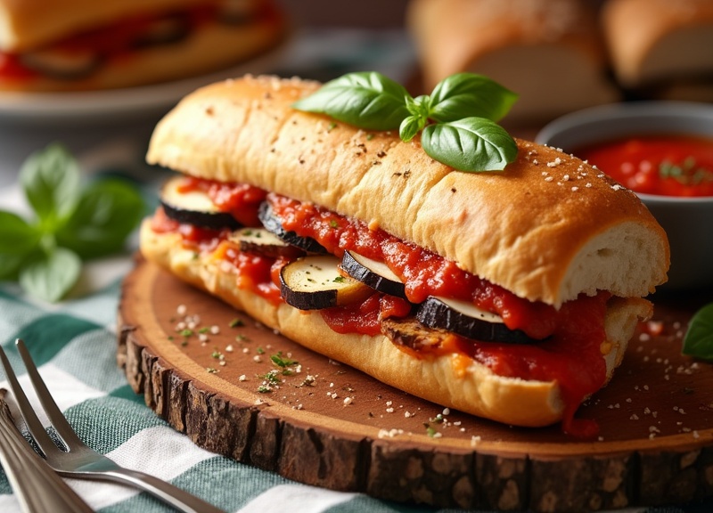 1_Grilled eggplant Parmesan sandwich with tomato sauce on a wooden board.