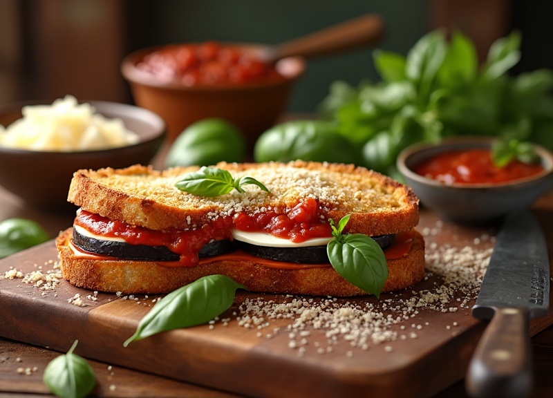 2_Eggplant Parmesan sandwich with mozzarella and tomato sauce.