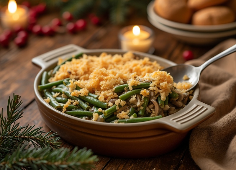 1_Classic green bean casserole in brown dish with crispy breadcrumbs, perfect holiday meal.