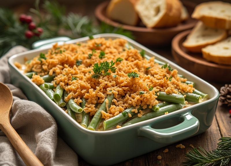 2_Green bean casserole in turquoise dish with crispy breadcrumbs.