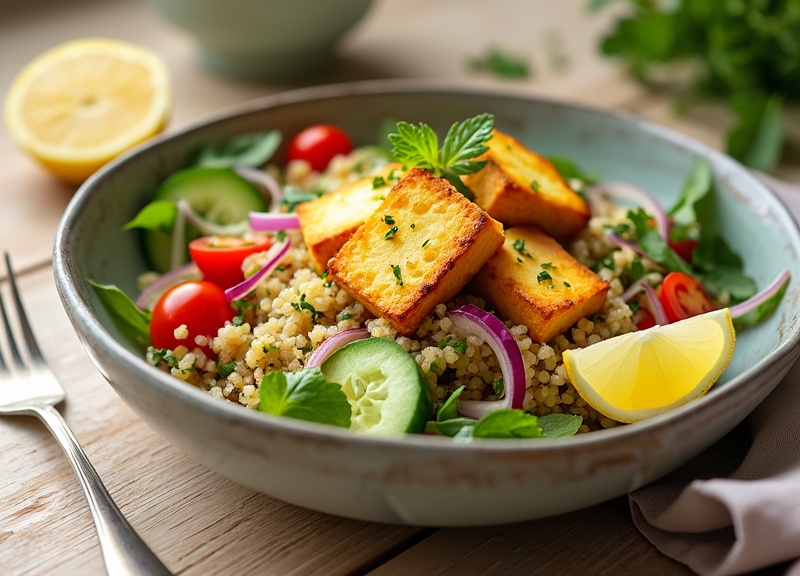 1_Vibrant bowl of halloumi quinoa salad with fresh vegetables.