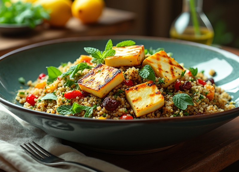 2_Easy halloumi quinoa salad with cheese, tomatoes, raisins, mint, in blue bowl.