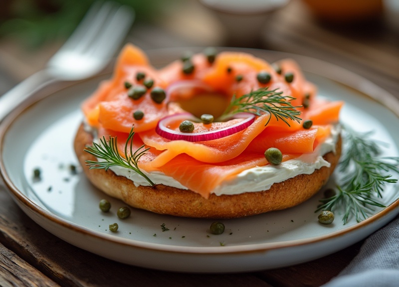 1_Smoked salmon bagel with cream cheese, red onion, capers, and fresh dill on a white plate.