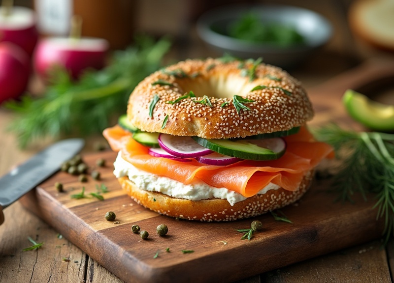 2_Smoked salmon bagel with cream cheese, cucumber, red onion, capers, and dill.