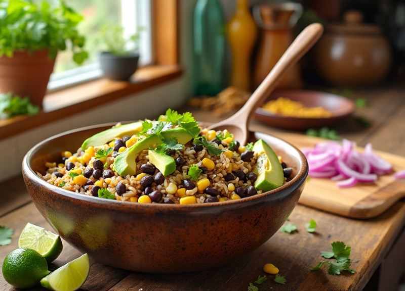 1_Tex-Mex Cowboy Rice Salad with avocado and lime in a brown bowl.