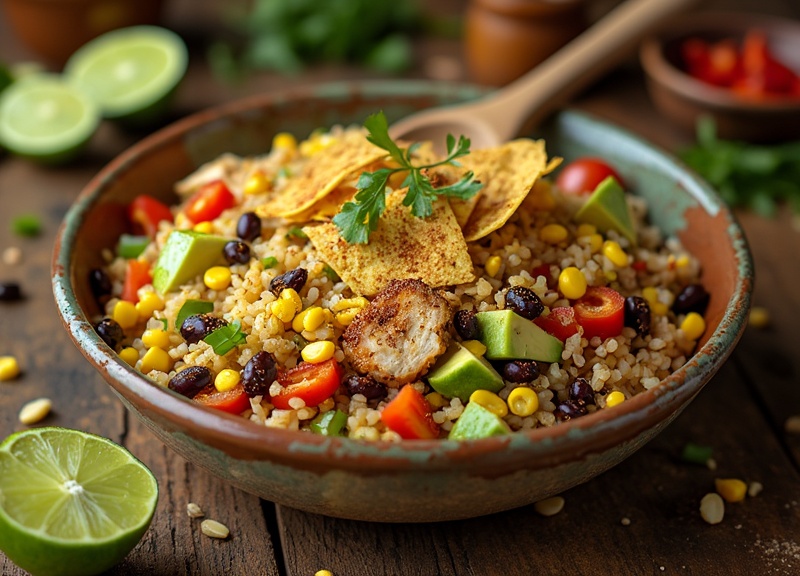 2_Vibrant Tex-Mex Cowboy Rice Salad with brown rice, avocado, corn, and tortilla chips.