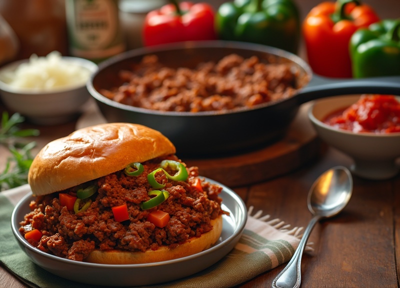 1_Delectable sloppy joe with green and red bell peppers on a bun.