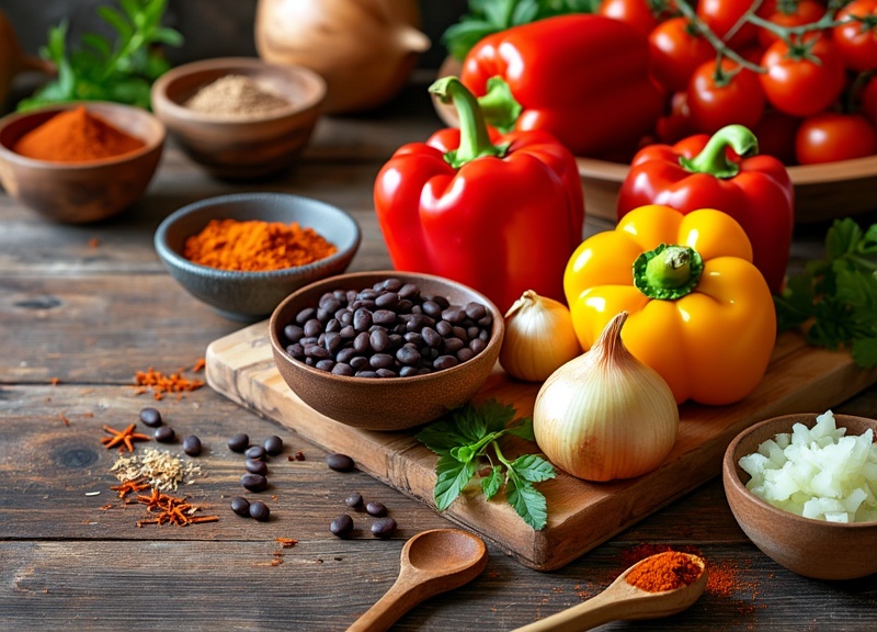 1_Vibrant fresh ingredients for vegan chili with peppers and beans.